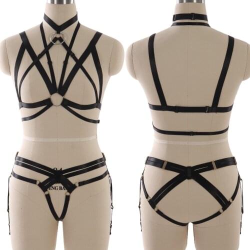 Goth Body Stockings Bondage Sexy Rave Wear Erotic Lingerie Harness Cage Bra Harness Suspenders Belt Full Body Harness For Women