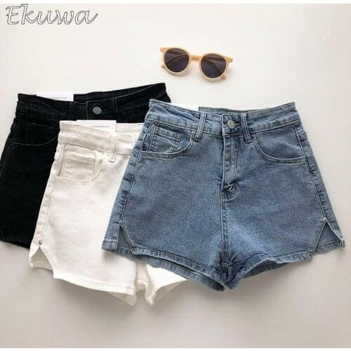 EKUWA 2021 Chic Fashion Women Short Denim Pants Sexy Wide Leg Pants Korean Back Pockets Side Split High Waist Jeans Short Summer