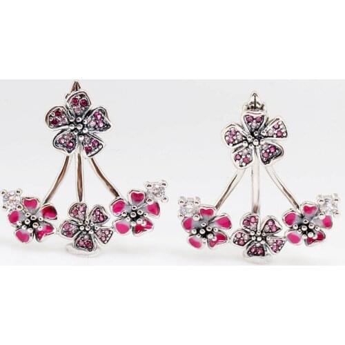 Original Pink Enamel Peach Blossom Hanging Earring For Women 925 Sterling Silver Earring Wedding Party Gift Europe Jewelry