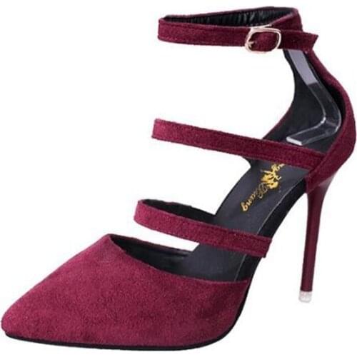 Women Pumps Stilettos Ladies Shoes Women Flock Buckle Strap 10CM Thin High Heels Pointed Toe Dress Sexy Party Wedding Shallow