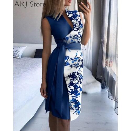 Women Print Elegant Sleeveless Work Dress with Belt