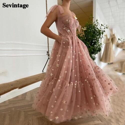 Sevintage 2021 Blush A Line Short Prom Dresses Shiny Stars Straps Fitted Boning Evening Gowns Tea Length Formal Party Dress New