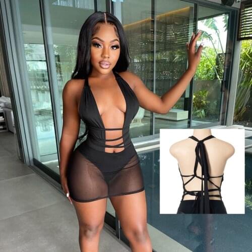 SKMY 2021 Summer New Solid Color Mesh Stitching Hanging Neck Lacing Perspective Dress Female Backless Sexy Casual Beach Dress