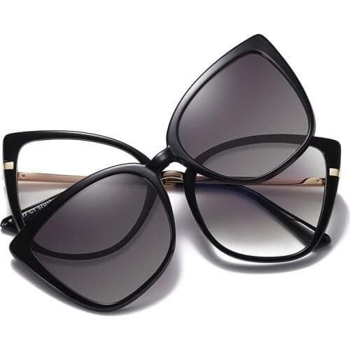 Kanspace 2 In 1 Magnetic Clip On Women Glasses Optical Prescrition Cat Eye Eyeglasses High Quality Sunglasses 95317