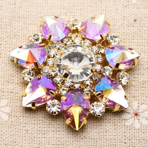 43mm colorful Flower Shape sew on rhinestones with golden claw setting Fancy Stone Rhinestone Buttons for clothing decoration