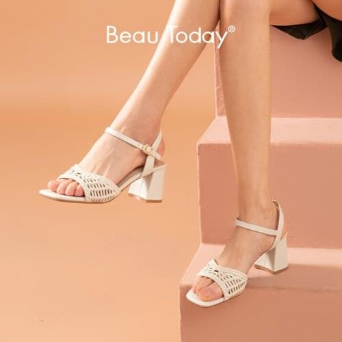 BeauToday High Heel Sandals Women Microfiber Leather Woven Hollow Open Toe Metal Buckle Strap Elegant Lady Shoes Handmade 31184