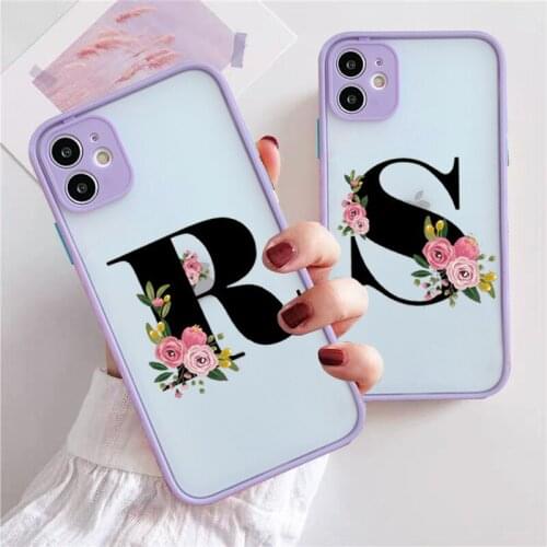 Initial Letter A B Phone Case For iPhone 12 11 Pro Max X XR XS Max 6s 7 8 Plus Retro Pink Flower Hard Shockproof Cover Clear Bag