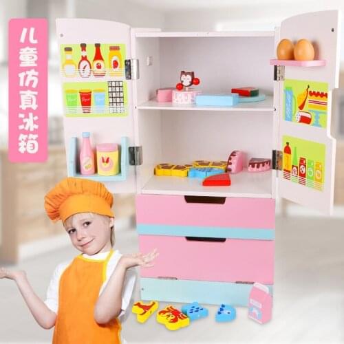 Wooden Simulation Double Door Refrigerator Combination Boys Girls Children Play House Cooking Toys Baby Simulation Refrigerator