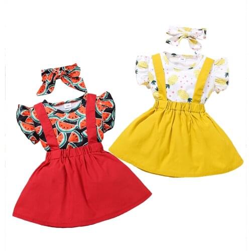 Baby Short Sleeve + Suspender Skirt + Bow Headdress, Pineapple Print Sweet Style Summer Clothing 9M-3T