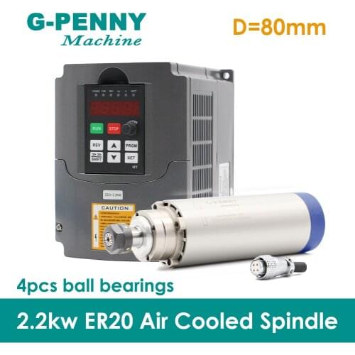 New Product ! 220V 2.2KW ER20 CNC Air Cooled Spindle Motor 80mm Air Cooling 4Bearings CNC Motor Spindle & 2.2kw inverter/VFD