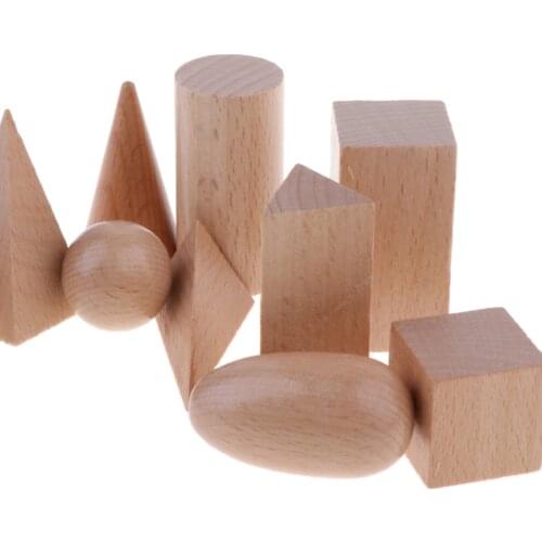 Geometric Solids Montessori Blocks - Set of 10 - Wooden 3D Shapes - Early Math Manipulative and Geometry for Kids