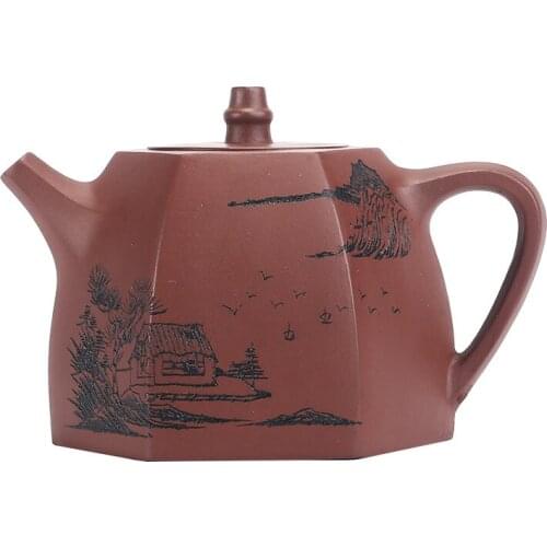 Engraved Six-party Han Duo Purple Clay Teapot Zisha Teapot Yixing Handmade Pot Kung-fu Teaware Purple Clay Drinkware For Puer