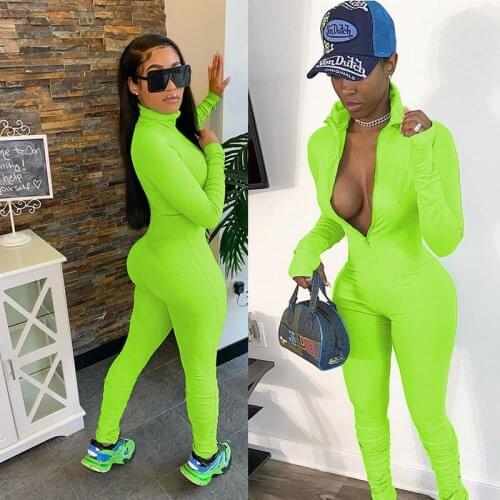 Neon Color Women Long Sleeve Jumpsuit Turtleneck Bottom Ruched Casual Bodycon Overalls Sexy Rompers Outfits Woman Night Clubwear