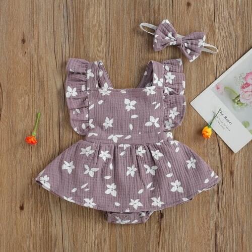 2pcs Infant Clothes Baby Girl Fly Sleeve Jumpsuits Flower Printing Romper + Headband Summer Casual Cotton Toddler Playsuits