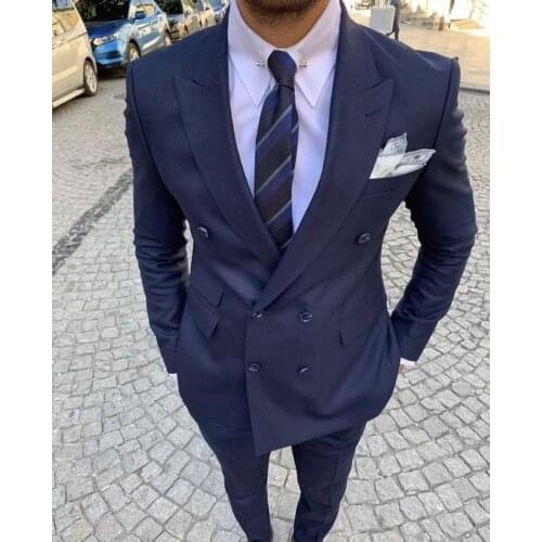 Costume Homme Marriage Navy Blue Double Breasted Wedding Masculino Terno Tuxedo Slim Fit Groom Prom Blazer 2 Pieces Men Suits