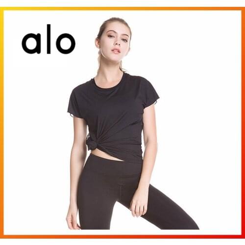 Alo Yoga Summer Womens Breathable T-shirt Black and White Sexy Mesh Back Short Sleeve Running Fitness Training Top 0852