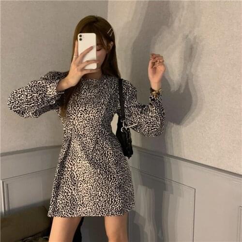Spring Autumn Leopard Mini-dresses O-neck Womens Clothing A-line Dress Vintage Style Long Sleeve New Fashion Brand Female