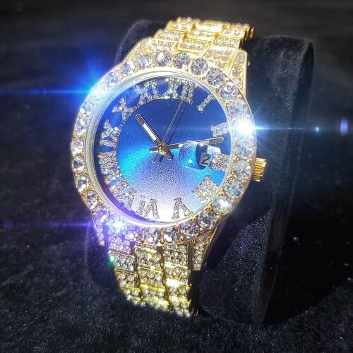 MISSFOX Big Diamnd Bezel Gentlemans Watches Blue Round Dial Males Wristwatch Luxury Business Stainless Steel Man Quartz Watch