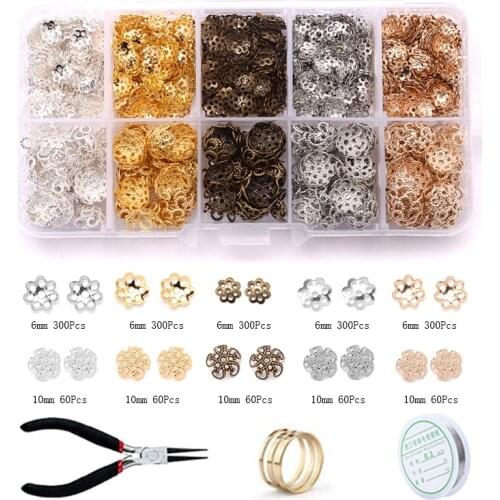 Approx 1800Pcs Alloy Accessories Jewelry Findings Set Charm Hollow Flower Shape Bead Caps Fashion Jewelry Making Supplies Kit