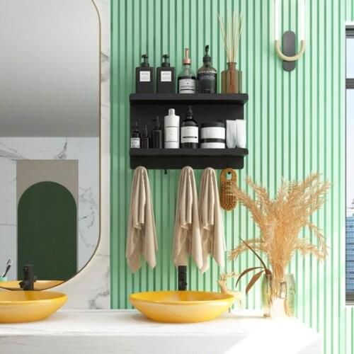 94PF Black Wall Mounted Bathroom Shelf with Towel Rack and 5 Hooks Rustic Storage Floating Shelf for Kitchen Bathroom Living