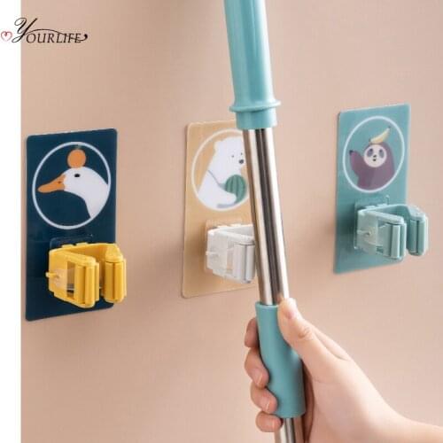 OYOURLIFE Cartoon Wall Mounted Broom Mop Holder Multi-function Sundries Cleaning Tools Hanging Holder Kitchen Bathroom Organizer