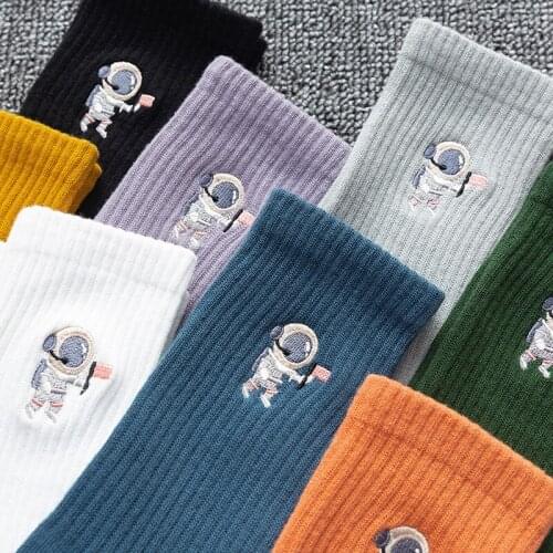 Lovers' Socks Autumn and Winter Solid Color Tide Embroidery Cotton Sock Astronaut Tube Socks Sports Trendy Socks Unisex Socks
