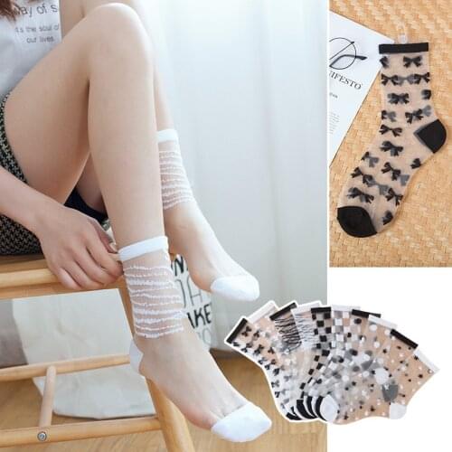Ladies Spring Summer Thin Transparent Glass Stockings Classic Explosive Crystal Socks Black White Elasticity Ankle Fishnet Socks