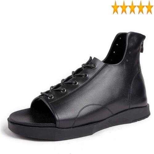 High-Top Open Men Toe Summer New 100% Real Leather Rome Platform Sandals Lace Up Black Casual Beach Shoes Sandalias
