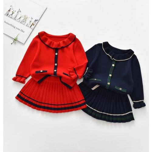 1-8Y Little Girls Clothes Academic Style Dress Set Patchwork Lapel Collar Button Coats Striped Pleated Short Knitted Skirt