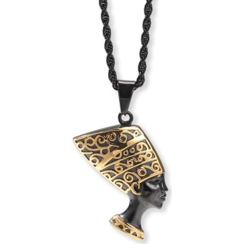 Black Gold Ancient Egyptian Queen Cleopatra Nefertiti Necklaces Stainless Steel Necklace for Men Women Hip Hop Jewelry