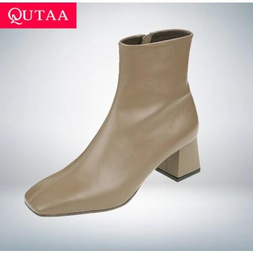QUTAA 2020 New Autumn Winter Genuine Leather Retro Square Toe Zipper Ankle Boots Square Heel All Match Women Shoes Size 34-39