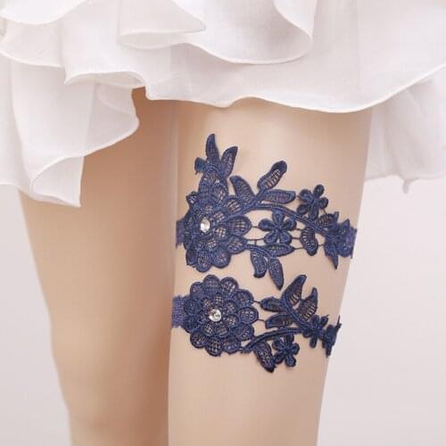 Sexy Wedding Garters Blue Rhinestone Embroidery Flower Garters 2pcs set for Women/Bride New Thigh Ring Bridal Leg Garter 5413
