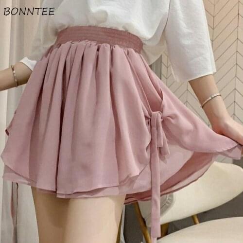 Shorts Women Chiffon Solid Color Loose Summer Elastic Waist Sweet Ruffles Simple All-match Popular Female Casual Double Layer