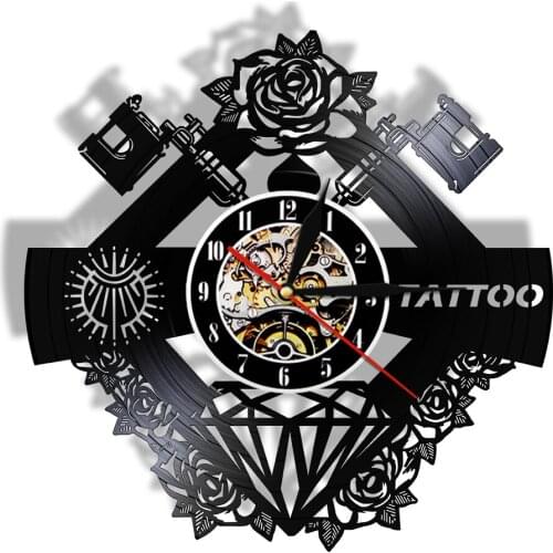 Tattoo Studio Sign Tattoo Custom Name Silent Vinyl Record Wall Clcok Tattoo Shop Tattoo Machine Wall Decor Hipster Men Gift