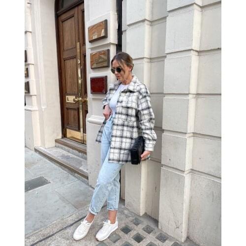 European and American style ZA womens clothing new French retro casual lapel loose long-sleeved plaid jacket