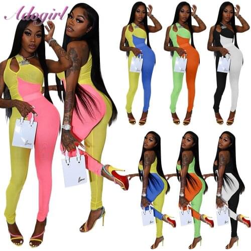 Casual Color Patchwork Rompers Sexy One Shoulder Backless Hollow Out Party Club Jumpsuit Women Outfit Sporty One Piece Overalls
