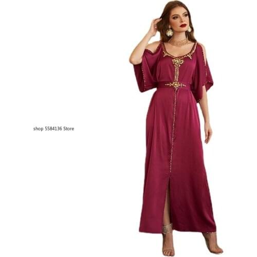 Satin Dress Dubai Abaya Jalabiya for Women Fashion Handsewn Rhiestones Crystal Off Shoulder Turkey Qtar Morocco Clothing