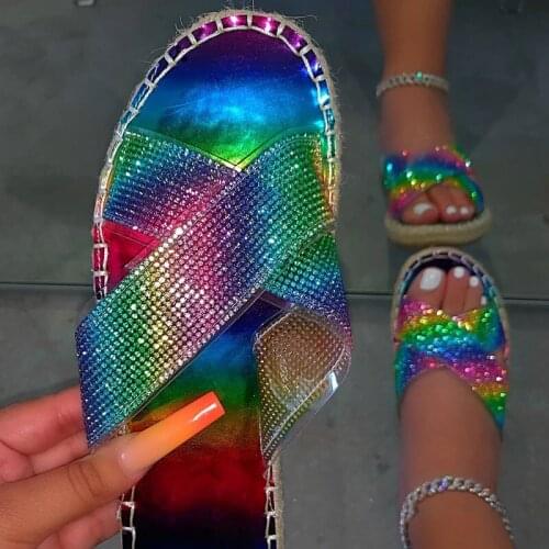 2021 Summer Woman Shoes Rainbow Rhinestone Bling Women Sandals Plus Size Flat Slippers Designer Slides Zapatos Para Mujer