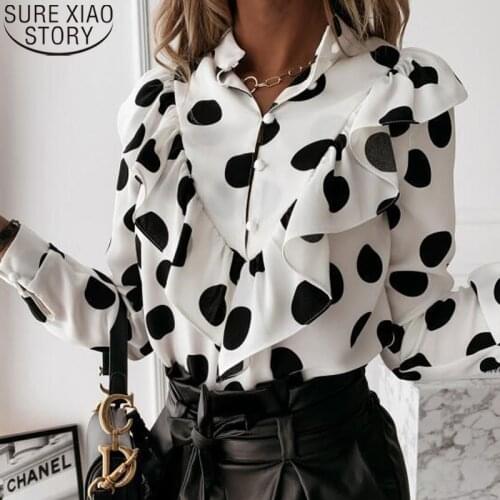 2021 Spring Long Sleeve Ruffled V-neck Blouse Women Office Lady Chiffon Polka Dot Women Shirts Fashion Ladies Autumn Clothing