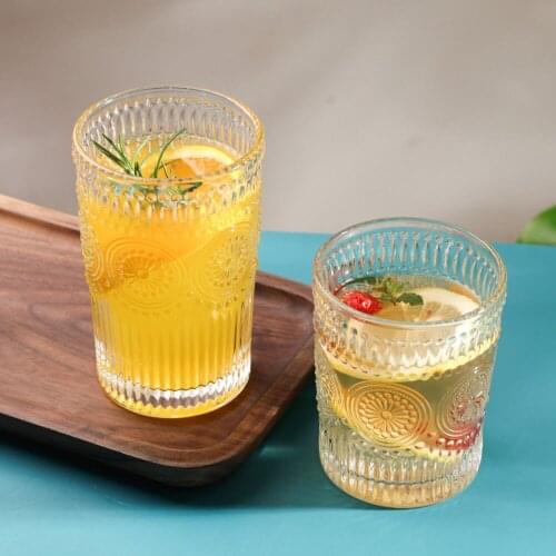 270ml 370ml Glass Cup Retro Embossed Sunflower Round Water Cups Nordic Home Coffee Shop Cold Drink Tumbler Milk Tea Juice Mug