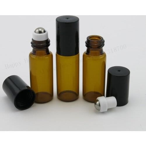 360 x 5ml Mini Amber Glass Roll on Bottle With Black Plastic Lid Stainless Steel Roller Ball,Essential Oil Use,Cosmetic Packing