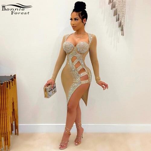 Bonnie Forest Sparke Mesh Crystal Dress Womens Sexy Cut Out Bodycon Rhinestone Details Padded Party Dress Birthday Outfits