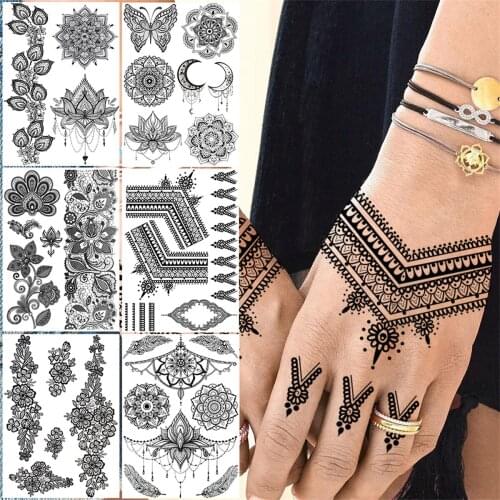 Black Henna Lace Temporary Tattoos For Women Girl Adult Mandala Flower Tattoo Sticker Fake Lotus Butterfly Tatoos Hand Foot Feet