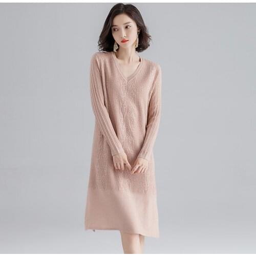 Long knit wool Dresses 2020 new Women Autumn Winter V-neck Long Sleeve Lady solid cashmere pullover loose long sweater Dress