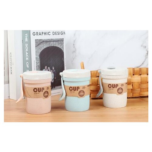 Wheat Straw Coffee Cup Mugs Microwavable Bouillon Cup Breakfast Cups Beer Glasses With Lid And Spoon Portable Water Bottle
