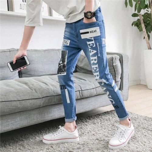 2021 Men’s Print Slim-fit Ripped Denim Pants,Ankle-length Korea Version Casual Jeans,Classic Black&Blue Color,Youth Fashion Must