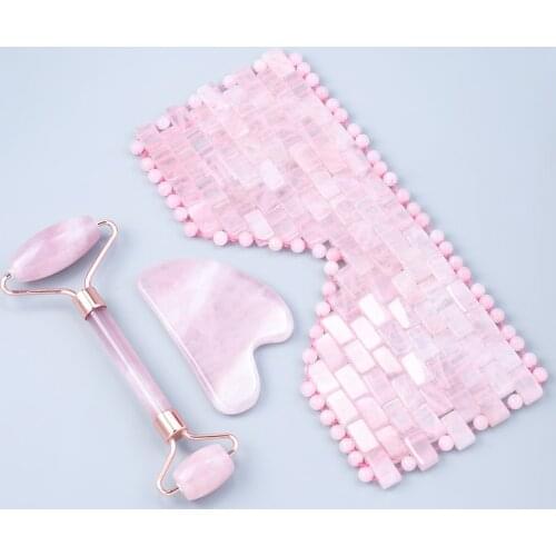Natural Rose Quartz Facial Roller Guasha Scraper Sleep Mask Set Ice Jade Stone Body Eye Therapy Diy Spa Relaxation Skincare Tool