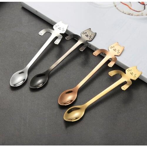 Stainless Steel Coffee Tea Spoon Mini Cat Long Handle Creative Spoon Drinking Tools Kitchen Gadget Flatware Tableware SN924
