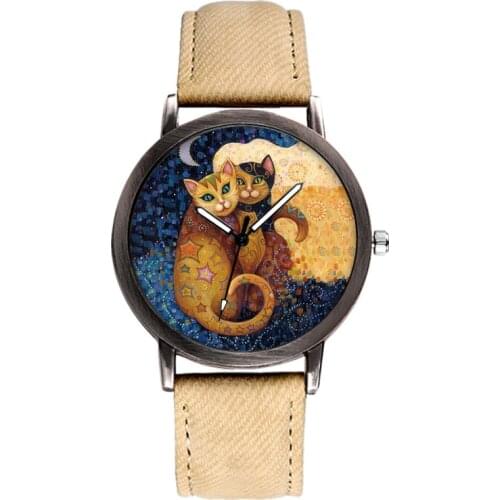 2020 New Luxury Womens Watch Fashion Lady Creative Lovely Cat Watches Simple Retro Denim Strap Quartz Clock Gift Reloj Mujer