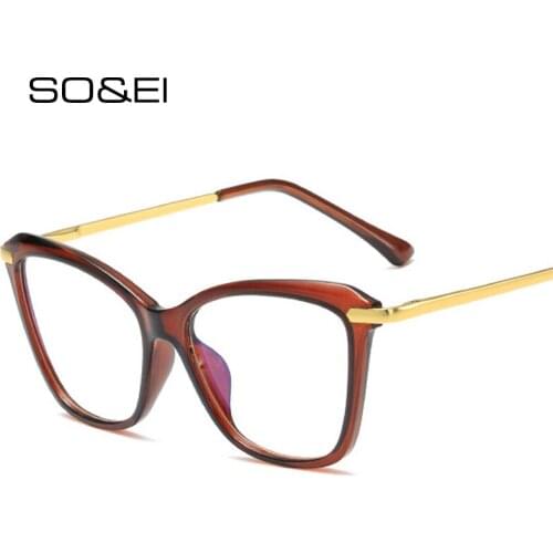 SO&EI Retro Cat Eye Women Glasses Frame Fashion Clear Anti-Blu-Ray Lens Eyewear Men Optical Metal Frame Grey Tea Computer Goggle
